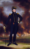 Portrait of Admiral Cockburn with the burning White House in the background. 