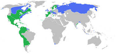 All the participants of the War of the Austrian Succession. Blue: Austria, Great Britain, the United Provinces with allies. Green: Prussia, Spain, France with allies.