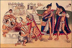 Bloody Aztec human sacrifice in which the victim's heart was ripped out and offered to their bloodthirsty demon idol. 