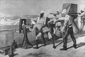 The newly invented Maxim machine gun laying down a deadly fire on the Sudanese. 