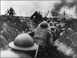 British soldiers going over the top at the Battle of the Somme.