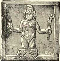 Baby Mithras with his dagger and torch to illuminate the world