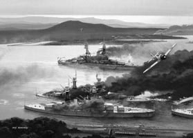 Burning battleships at Pearl Harbor. 