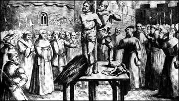 Burning of Saint William Tyndale. As the flames consumed him he prayed "Lord, open the eyes of the king of England." This prayer was answered within a year by the issue, under royal authority, of the whole Bible in English.