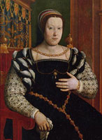 Catherine de' Medici as a young woman, from a portrait in the Uffizi Gallery, Florence. 