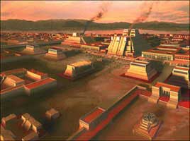 The hugh city of Tenochtitlán was built on a lake and had a population of over 300,000 people. Smoke from the bloody altars ascended constantly. The Spanish described it as a SLAUGHTERHOUSE.