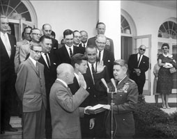 With his hand on the Bible, LeMay was sworn in as Air Force Chief of Staff. 