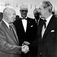 President Eisenhower shakes hands with Harold Macmillan in Bermuda. 
