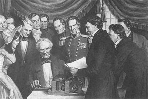 Artist's portrayal of Morse sending the first telegraph message. 