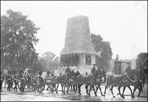 General Dyer's funeral procession passes the Guards Memorial, Horseguards, London. 