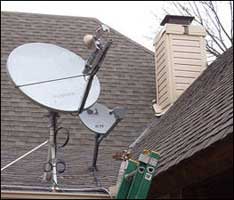 Satellite dish or receiver installed on a house. These dishes point to a geostationary satellite. 