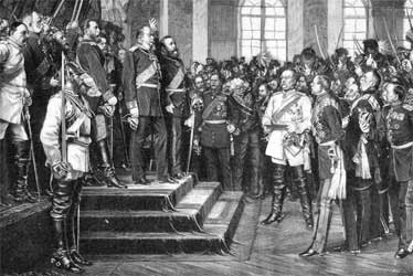 On January 18, 1871, the German Empire was proclaimed in the Hall of Mirrors of the Palace of Versailles. Bismarck appears in white. 