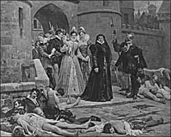 Catherine de' Medici exults over the dead bodies of the Huguenots.