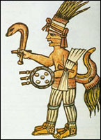 Demon god Huitzilopochtli, patron of the Aztecs. Huitzilopochtli means "left claw of shining feathers."