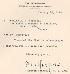 A letter to Dr. Campbell from W. C. Gorgas, Surgeon General of the U.S. Army.