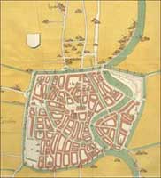 Map of Haarlem around 1550. The city was completely surrounded by a city wall and defensive canal. 