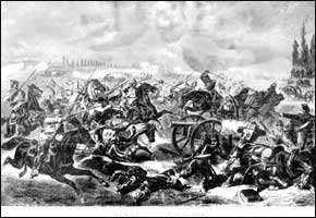 Prussian cavalry attacking French guns at the Battle of Mars la Tour. 