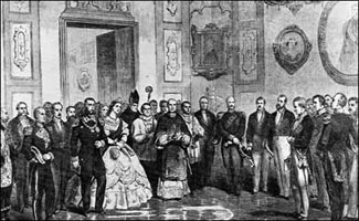 Maximilian receiving a deputation in the throne room at Miramar as he is offered the Crown of Mexico on April 10, 1864. 