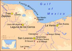 The major centers of the Olmec heartland (in yellow) as well as artifact finds unassociated with habitations (smaller circles, in red).