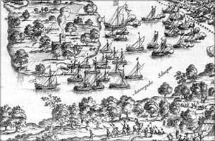 Coastal sailing barges of the kind gathered by Parma for the invasion of England. 