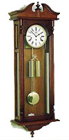 The pendulum in a pendulum clock swings back and forth and keeps track of time. The weights keep the pendulum swinging.