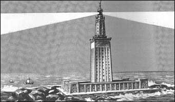 An artistic conception of the Pharos Lighthouse with electric mirrors—or searchlights. 