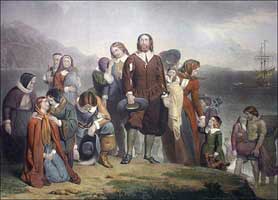 Pilgrims landing at Plymouth Rock in New England. 