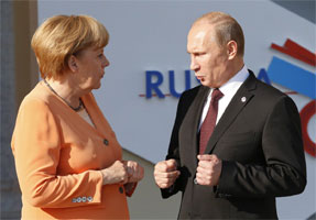 The real President Putin speaking to Queen Angela in German, at the G20 summit in St. Petersburg, Sept. 5, 2013. 