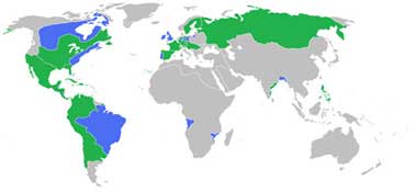 All the participants of the Seven Years' War. Blue: Great Britain, Prussia, Portugal with allies. Green: France, Spain, Austria, Russia, Sweden with allies.
