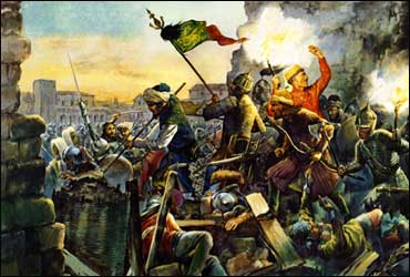 Terrible Turks with horsetail banner storming the walls of Constantinople in 1453. Emperor Constantine XI is on the left, sword in hand, refusing to surrender his beloved city.