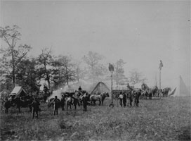 Military Telegraph Corps laying telegraph lines. 