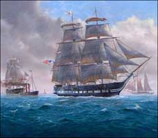 Painting of USS Jamestown in Boston Harbor, by Ted Walker, Marine Artist 