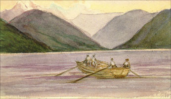 Rowing boat on lake, watercolor by 