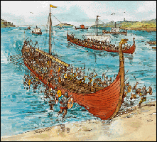 Viking raiders in their dragon ships attacking Hibernia. 