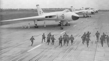 Vulcan bombers armed with U.S. made hydrogen bombs at RAF Scampton, Lincolnshire. 