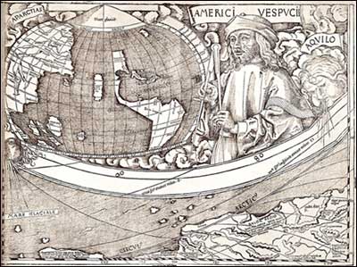 Waldseemüller's map with a picture of Amerigo Vespucci.